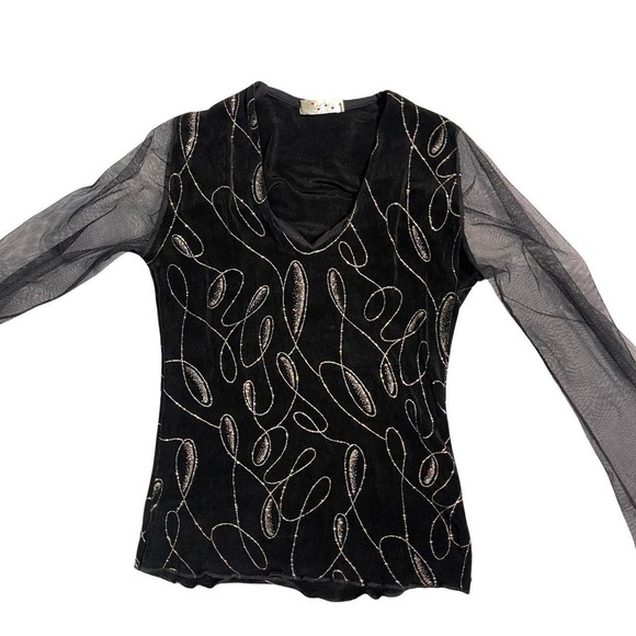 Vtg Womens Black Mesh Top Glittery Geometric Pattern (S-M) Made in Italy Elegant - Picture 1 of 8